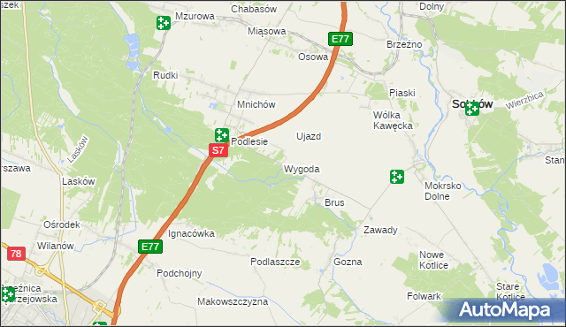 mapa Wygoda gmina Jędrzejów, Wygoda gmina Jędrzejów na mapie Targeo