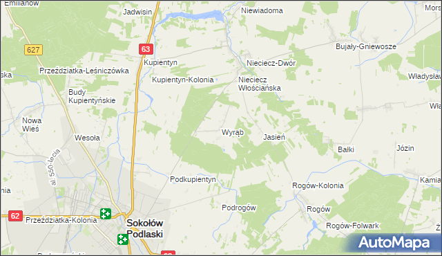 mapa Wyrąb gmina Sokołów Podlaski, Wyrąb gmina Sokołów Podlaski na mapie Targeo