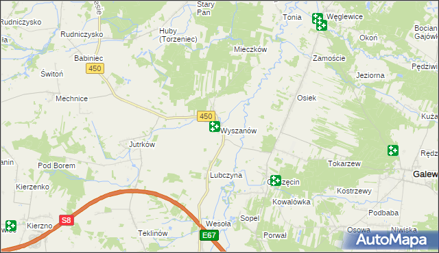 mapa Wyszanów gmina Wieruszów, Wyszanów gmina Wieruszów na mapie Targeo