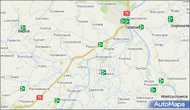 mapa Wyszogród gmina Opatowiec, Wyszogród gmina Opatowiec na mapie Targeo