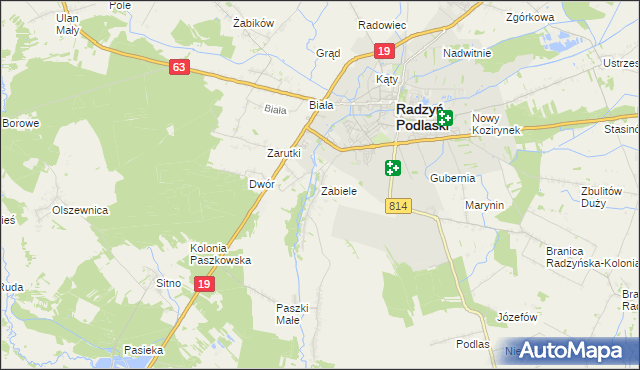 mapa Zabiele gmina Radzyń Podlaski, Zabiele gmina Radzyń Podlaski na mapie Targeo