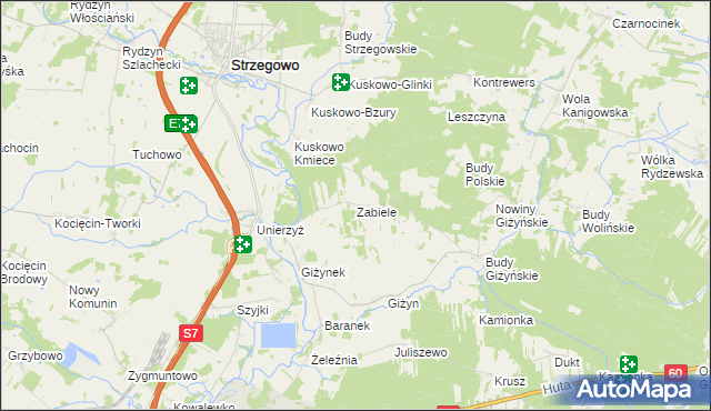 mapa Zabiele gmina Strzegowo, Zabiele gmina Strzegowo na mapie Targeo