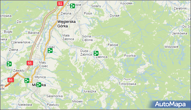 mapa Żabnica gmina Węgierska Górka, Żabnica gmina Węgierska Górka na mapie Targeo