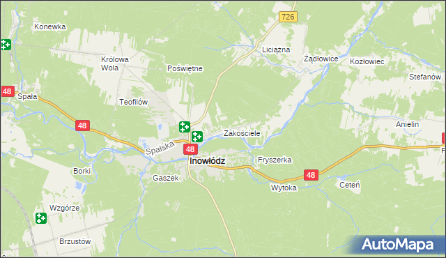 mapa Zakościele gmina Inowłódz, Zakościele gmina Inowłódz na mapie Targeo