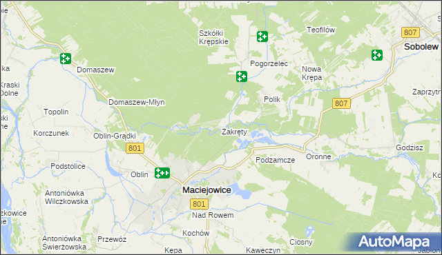 mapa Zakręty gmina Maciejowice, Zakręty gmina Maciejowice na mapie Targeo