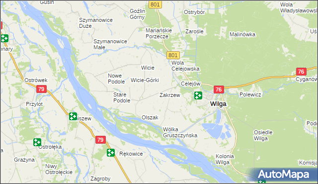 mapa Zakrzew gmina Wilga, Zakrzew gmina Wilga na mapie Targeo