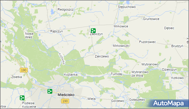 mapa Zakrzewo gmina Mieścisko, Zakrzewo gmina Mieścisko na mapie Targeo