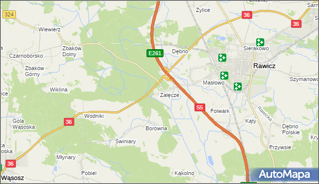 mapa Załęcze gmina Rawicz, Załęcze gmina Rawicz na mapie Targeo
