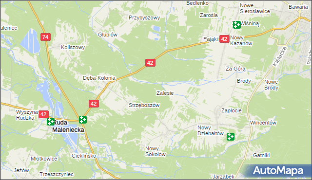 mapa Zalesie gmina Ruda Maleniecka, Zalesie gmina Ruda Maleniecka na mapie Targeo