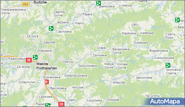 mapa Żarnówka gmina Maków Podhalański, Żarnówka gmina Maków Podhalański na mapie Targeo