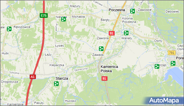 mapa Zawada gmina Kamienica Polska, Zawada gmina Kamienica Polska na mapie Targeo