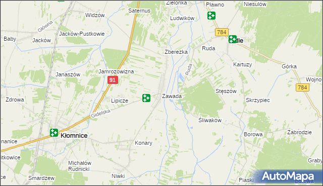 mapa Zawada gmina Kłomnice, Zawada gmina Kłomnice na mapie Targeo