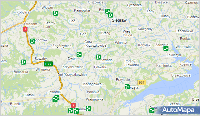 mapa Zawada gmina Myślenice, Zawada gmina Myślenice na mapie Targeo