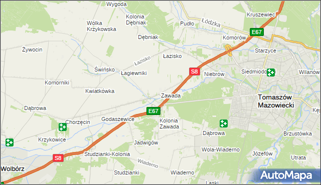 mapa Zawada gmina Tomaszów Mazowiecki, Zawada gmina Tomaszów Mazowiecki na mapie Targeo