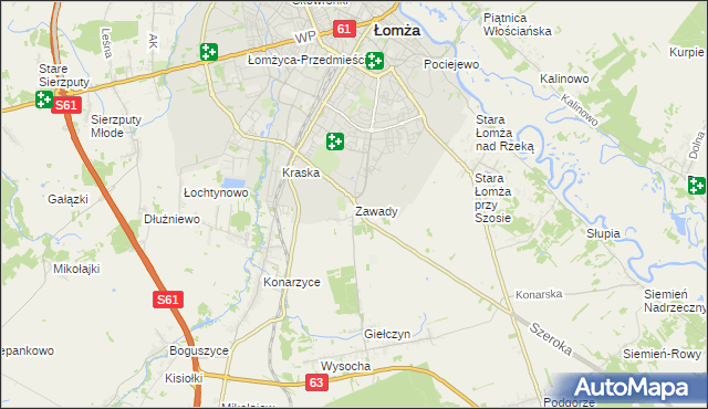 mapa Zawady gmina Łomża, Zawady gmina Łomża na mapie Targeo