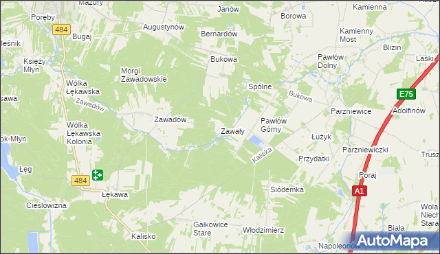 mapa Zawały gmina Bełchatów, Zawały gmina Bełchatów na mapie Targeo