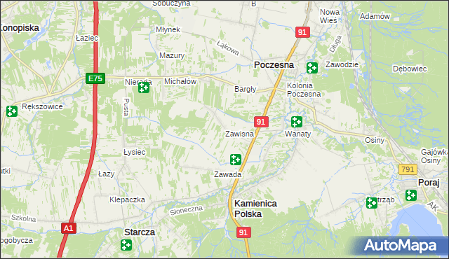 mapa Zawisna gmina Kamienica Polska, Zawisna gmina Kamienica Polska na mapie Targeo