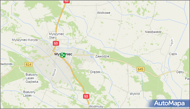 mapa Zawodzie gmina Myszyniec, Zawodzie gmina Myszyniec na mapie Targeo