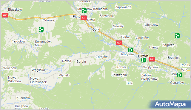 mapa Zbrojów gmina Bliżyn, Zbrojów gmina Bliżyn na mapie Targeo