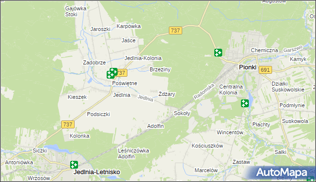 mapa Żdżary gmina Pionki, Żdżary gmina Pionki na mapie Targeo