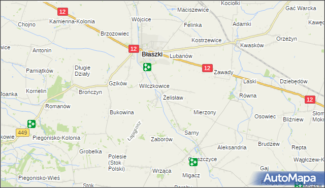 mapa Żelisław gmina Błaszki, Żelisław gmina Błaszki na mapie Targeo