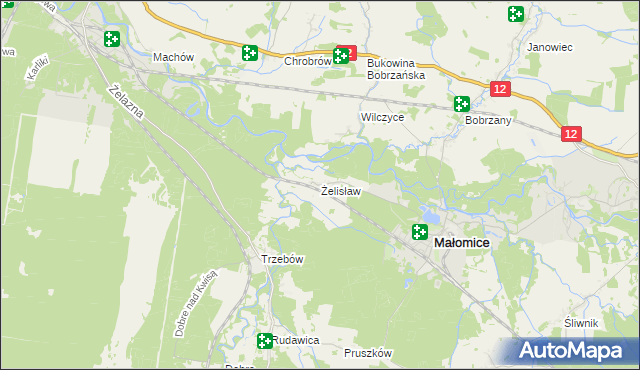 mapa Żelisław gmina Małomice, Żelisław gmina Małomice na mapie Targeo