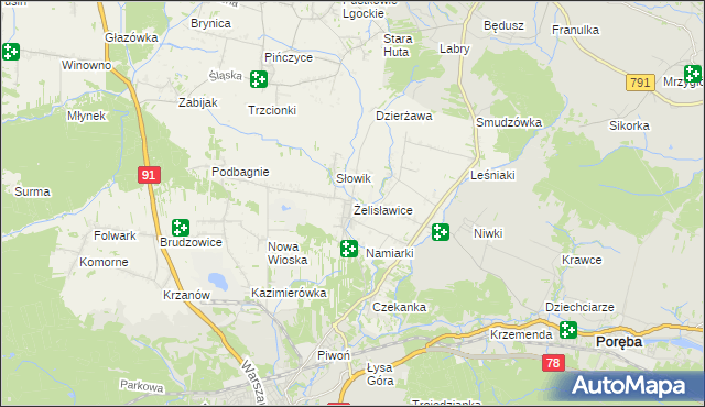 mapa Żelisławice gmina Siewierz, Żelisławice gmina Siewierz na mapie Targeo