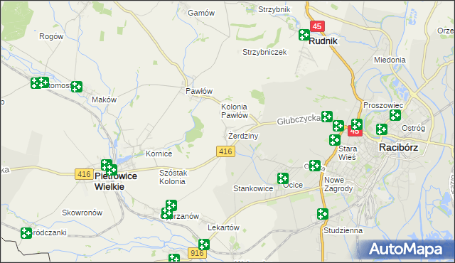 mapa Żerdziny gmina Pietrowice Wielkie, Żerdziny gmina Pietrowice Wielkie na mapie Targeo