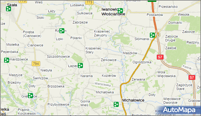 mapa Żerkowice gmina Iwanowice, Żerkowice gmina Iwanowice na mapie Targeo