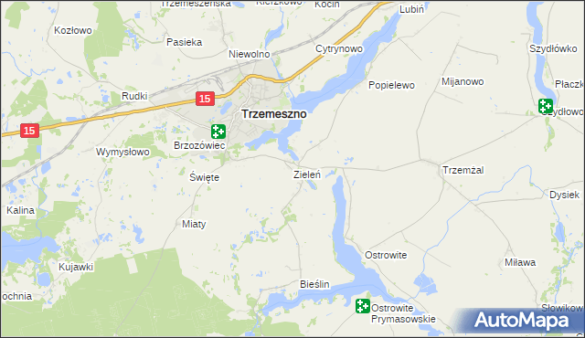 mapa Zieleń gmina Trzemeszno, Zieleń gmina Trzemeszno na mapie Targeo