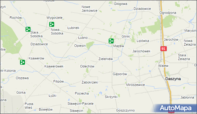 mapa Zieleniew gmina Daszyna, Zieleniew gmina Daszyna na mapie Targeo