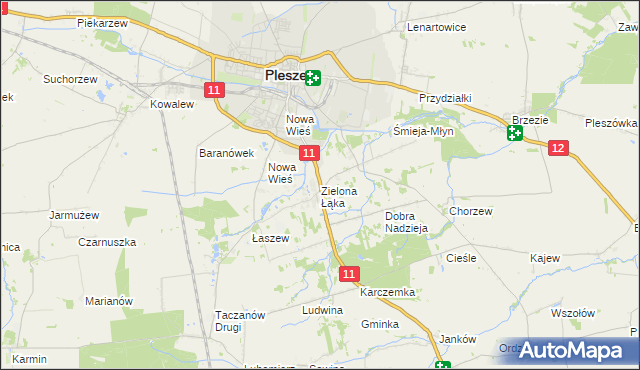 mapa Zielona Łąka gmina Pleszew, Zielona Łąka gmina Pleszew na mapie Targeo