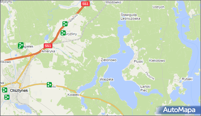 mapa Zielonowo gmina Stawiguda, Zielonowo gmina Stawiguda na mapie Targeo