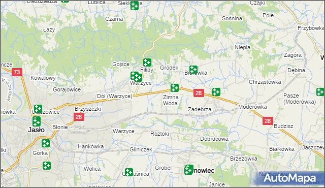 mapa Zimna Woda gmina Jasło, Zimna Woda gmina Jasło na mapie Targeo