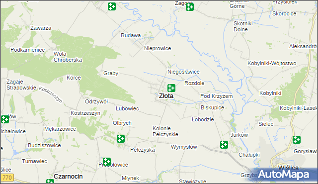 mapa Złota powiat pińczowski, Złota powiat pińczowski na mapie Targeo