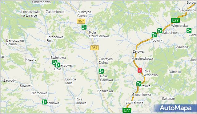 mapa Zubrzyca Dolna, Zubrzyca Dolna na mapie Targeo