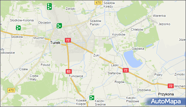 mapa Żuki gmina Turek, Żuki gmina Turek na mapie Targeo