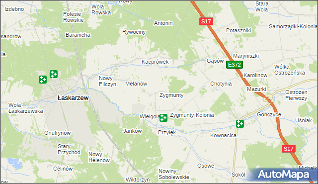 mapa Zygmunty gmina Łaskarzew, Zygmunty gmina Łaskarzew na mapie Targeo