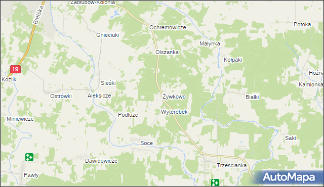 mapa Żywkowo gmina Zabłudów, Żywkowo gmina Zabłudów na mapie Targeo