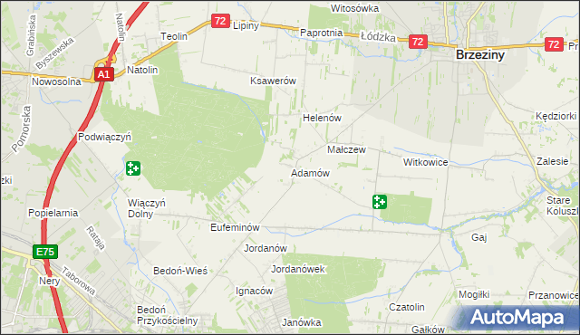 mapa Adamów gmina Brzeziny, Adamów gmina Brzeziny na mapie Targeo