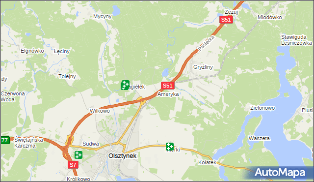 mapa Ameryka gmina Olsztynek, Ameryka gmina Olsztynek na mapie Targeo