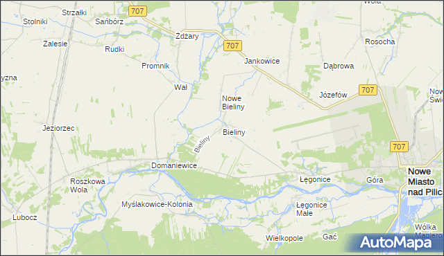 mapa Bieliny gmina Nowe Miasto nad Pilicą, Bieliny gmina Nowe Miasto nad Pilicą na mapie Targeo