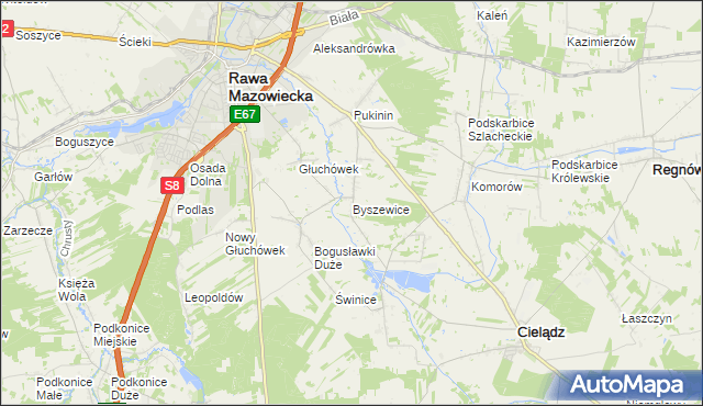 mapa Byszewice gmina Rawa Mazowiecka, Byszewice gmina Rawa Mazowiecka na mapie Targeo