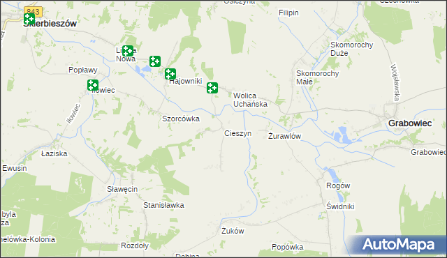 mapa Cieszyn gmina Grabowiec, Cieszyn gmina Grabowiec na mapie Targeo