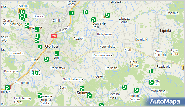 mapa Dominikowice gmina Gorlice, Dominikowice gmina Gorlice na mapie Targeo