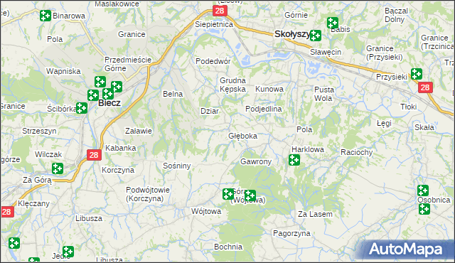 mapa Głęboka gmina Biecz, Głęboka gmina Biecz na mapie Targeo