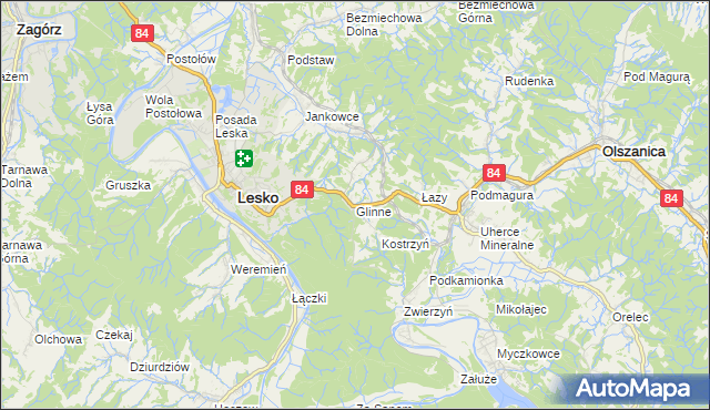 mapa Glinne gmina Lesko, Glinne gmina Lesko na mapie Targeo