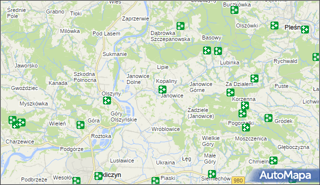 mapa Janowice gmina Pleśna, Janowice gmina Pleśna na mapie Targeo