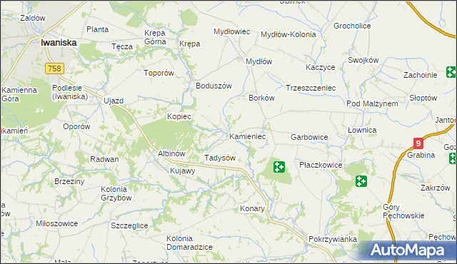 mapa Kamieniec gmina Iwaniska, Kamieniec gmina Iwaniska na mapie Targeo