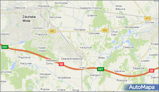 mapa Karsznice gmina Zduńska Wola, Karsznice gmina Zduńska Wola na mapie Targeo